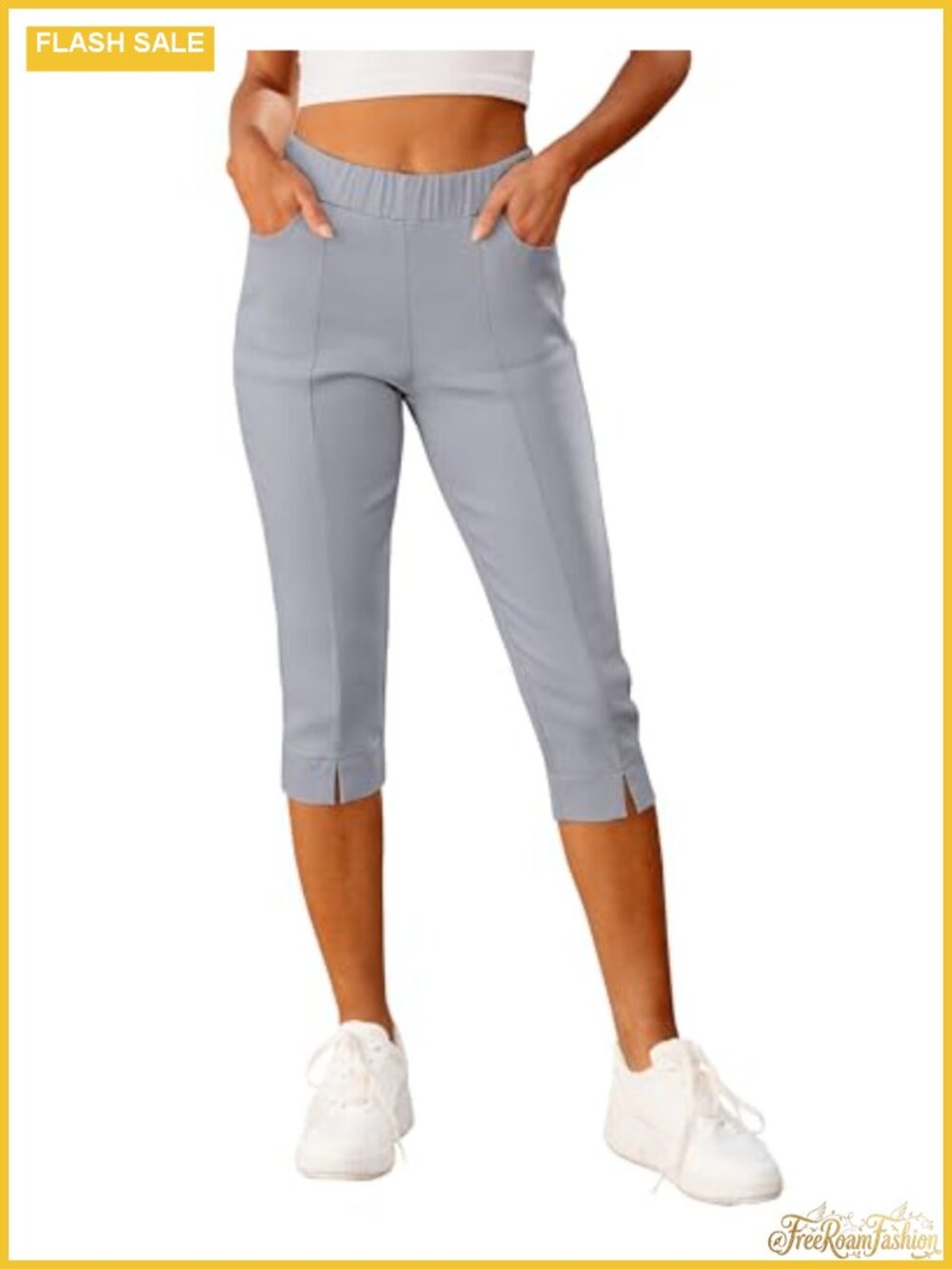 High Waisted Pull On Stretchy Capri Pants with Pockets Skinny Leg Casual